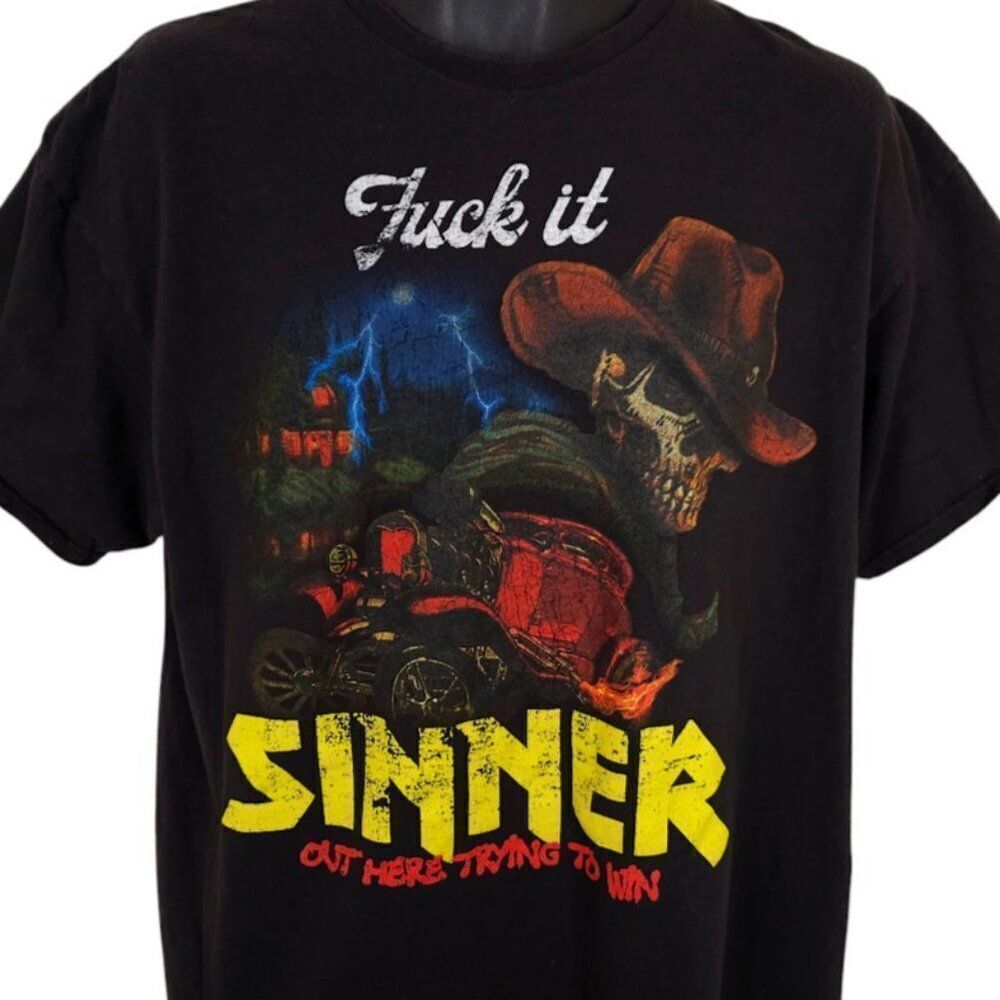 F*ck It Sinner T Shirt Mens Size XL Black Lightning Skeleton Skull Vintage Truck